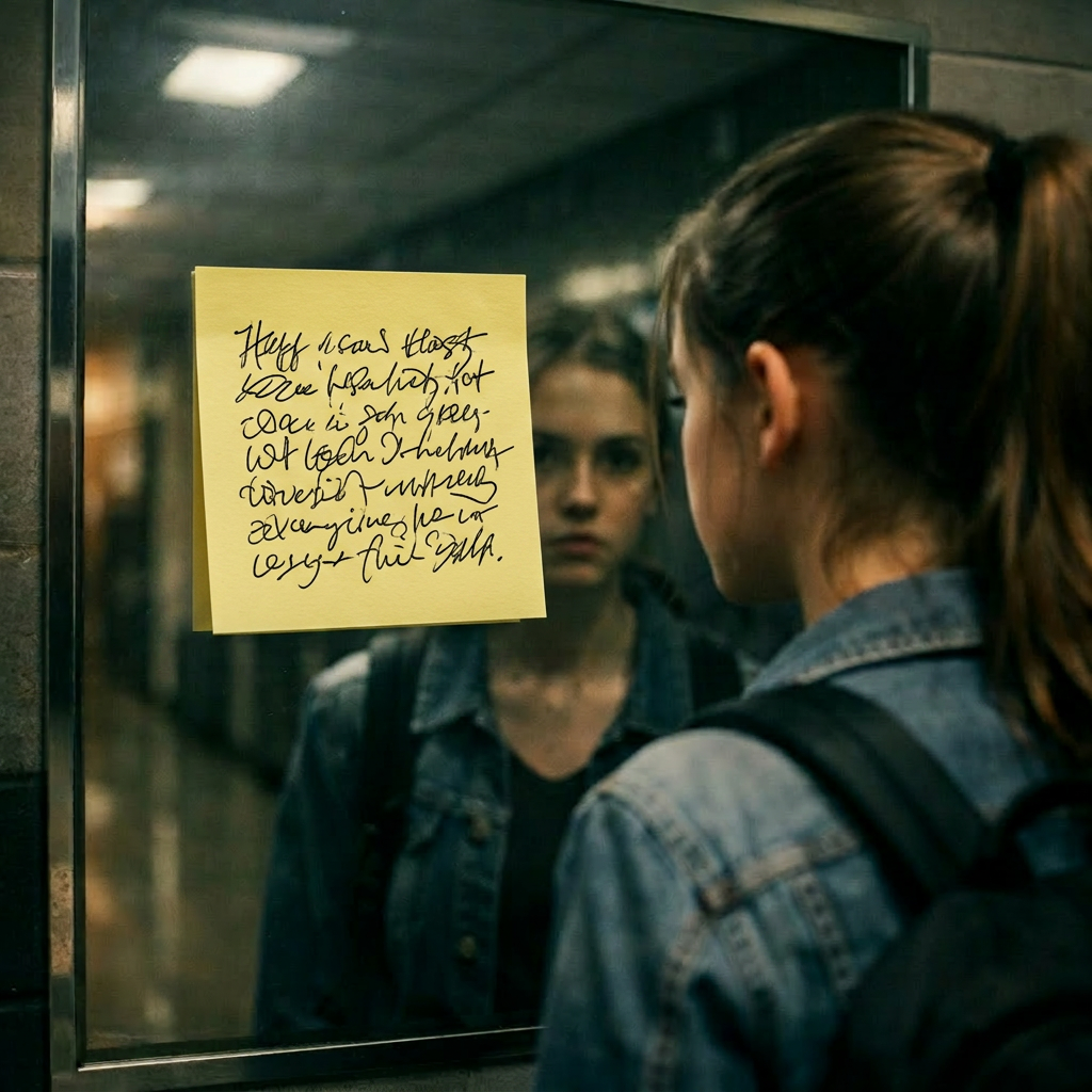 Handwritten note on mirror saying 'I'M GOING TO KILL YOU WATCH YOUR BACK' with girl’s reflection in background